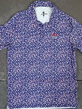 Golf Polo Men’s Sz M 123rd U.S. Open LACC Logo Navy & Pink Floral Print